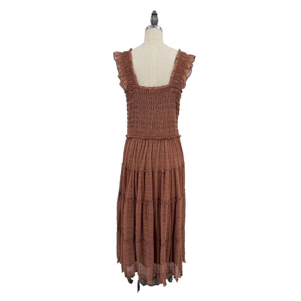 Max Studio London Tiered Midi Dress Ruffle Strap Ruched Bust Brown Women's L NWT - Picture 3 of 12